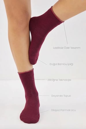 Bambu Kadın Lastiksiz Bordo Soket Dikişsiz Çorap 3'lü Paket / Sıkmayan Çorap / İz Bırakmaz