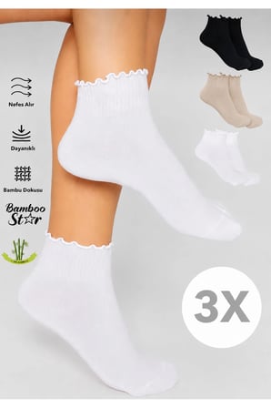 Bambu Kadın Fırfırlı Patik Lastiksiz Dikişsiz Çorap 3Lü Asorti Paket