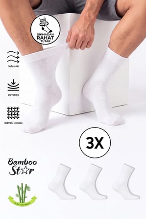 Erkek Bambu Beyaz Diyabetik Dikişsiz Şeker Hastası Çorabı Sıkmaz İz Bırakmaz Premium 3' lü Paket