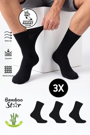 Erkek Bambu Siyah Diyabetik Dikişsiz Şeker Hastası Çorabı Sıkmaz İz Bırakmaz Premium 3' lü Paket