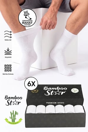 Erkek Bambu Beyaz Diyabetik Dikişsiz Şeker Hastası Çorabı Sıkmaz İz Bırakmaz Premium Kutulu 6'lı Paket