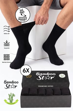 Erkek Bambu Siyah Diyabetik Dikişsiz Şeker Hastası Çorabı Sıkmaz İz Bırakmaz Premium Kutulu 6'lı Paket