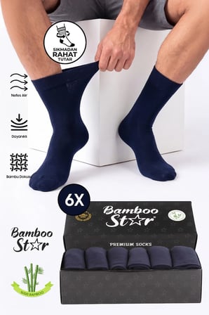 Erkek Bambu Lacivert Diyabetik Dikişsiz Şeker Hastası Çorabı Sıkmaz İz Bırakmaz Premium Kutulu 6'lı Paket