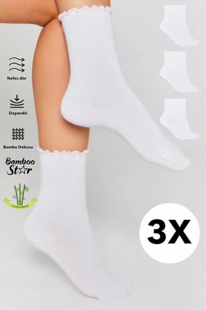 Bambu Kadın Pembe Fırfırlı Lastiksiz Dikişsiz Kadın Soket 3Lü Beyaz Çorap / İ̇Z Bırakmaz / Sıkmayan Çorap