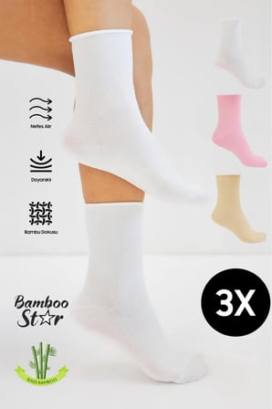 Bambu Kadın Lastiksiz Soket Dikişsiz Premium Çorap 3'Lü Asorti Paket Sıkmayan Çorap / İ̇Z Bırakmaz