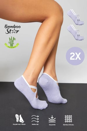 Bambu Kadın Lila Kaydırmaz Taban Silikon Baskı Pilates Yoga Fitness Dans Aktivite Babet Çorabı 2'Li