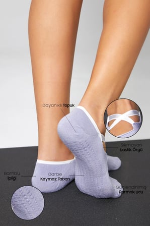 Bambu Kadın Lila Kaydırmaz Taban Silikon Baskı Pilates Yoga Fitness Dans Aktivite Babet Çorabı 2'Li