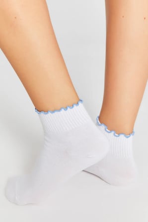 Bambu Kadın Beyaz Patik Lastiksiz Dikişsiz Mavi Fırfırlı Beyaz Çorap 3Lü Premium Paket