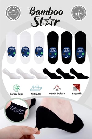 Bambu Erkek Babet 3 Siyah 3 Beyaz Çorap Dikişsiz Görünmez Kaydırmaz Topuk Silikonlu Premium 6'lı Paket