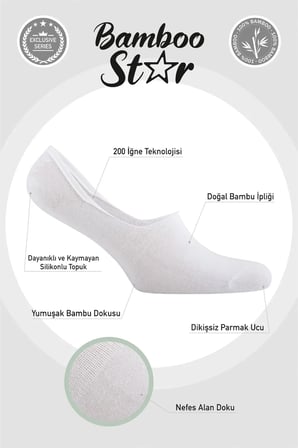 Bambu Erkek Babet 3 Siyah 3 Beyaz Çorap Dikişsiz Görünmez Kaydırmaz Topuk Silikonlu Premium 6'lı Paket