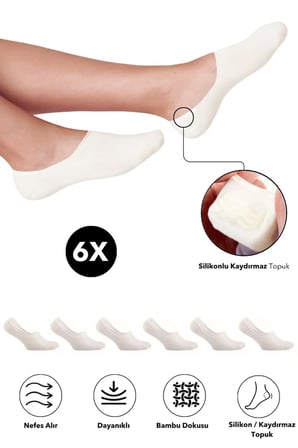 Bambu Kadın Babet Krem Çorap Dikişsiz Görünmez Kaydırmaz Topuk Silikonlu Premium 6'Lı Krem Paket