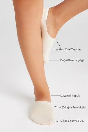 Bambu Kadın Babet Krem Çorap Dikişsiz Görünmez Kaydırmaz Topuk Silikonlu Premium 6'Lı Krem Paket