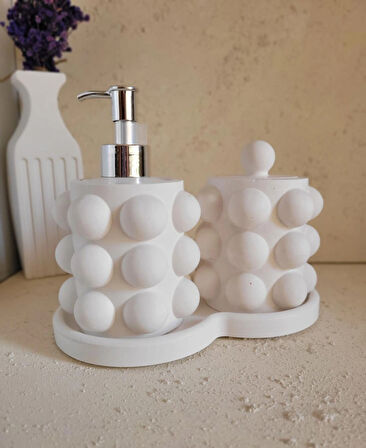 Beyaz Gümüş Beton Buble Sıvı Sabunluk Set