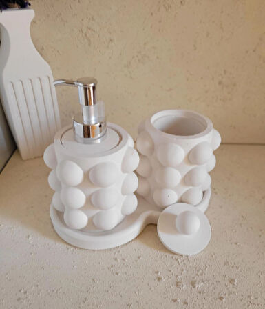Beyaz Gümüş Beton Buble Sıvı Sabunluk Set
