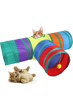 Gökkuşağı Renkli Katlanır Kedi ve Köpek Oyun Tüneli, Eğlenceli Evcil Hayvan Oyuncak Tüneli T Şeklinde