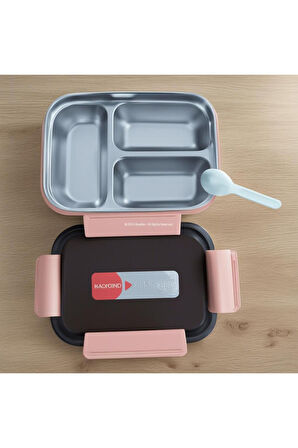 Hybrid Bento Box 650ml - Plastik Gövde, 3-Bölmeli Paslanmaz Çelik, BPA'sız, Çok Amaçlı LunchBox 2348 pembe