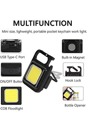 Şarj Edilebilir Mini LED Anahtarlık Fener - Çok Fonksiyonlu, Mıknatıslı , 4 Mod, Su Geçirmez.