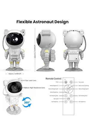 Astronot Galaxy Projektör – Çok Renkli LED Galaksi Projektörü, Yıldızlı Gece Lambası, Kumandalı