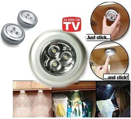 Busstier Kablosuz Yapışkanlı Dokunmatik LED Lamba - 3 Ledli Dolap, Gece ve Kamp Lambası