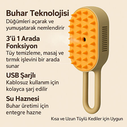 Buharlı Kedi ve Köpek Tarağı 3'ü 1 Arada Masaj Tüy Toplama USB Şarjlı Tarak Fırça