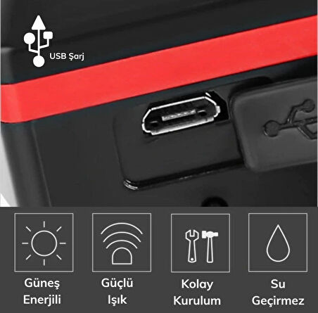 Güneş Enerjili USB Şarjlı LED Bisiklet Feneri 120dB Korna Su Geçirmez Ön Far Işığı