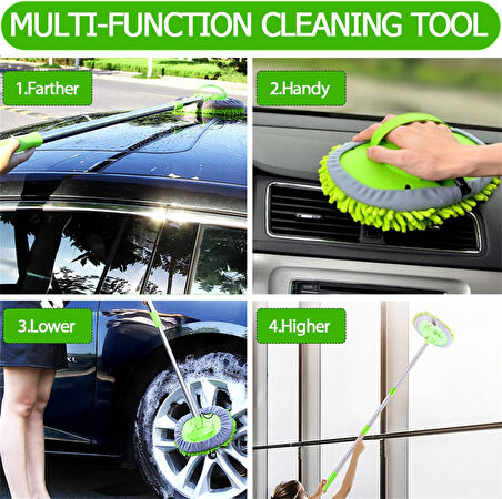 Uzun Saplı 2'si 1 Arada Mikrofiber Araba Yıkama Fırçası Mop Seti + 1 Yedek Başlık Hediye