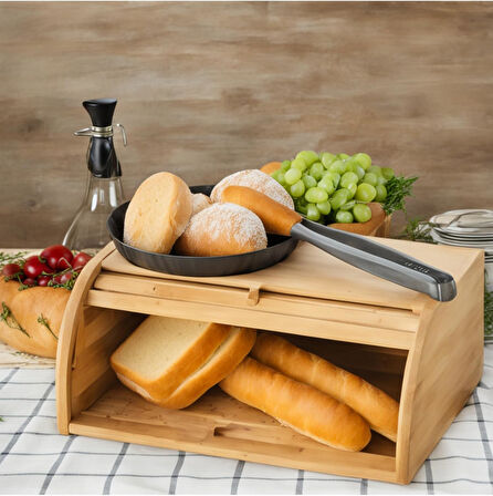 Doğal Bambu Sürgülü Kapaklı Geniş Ekmek Dolabı Hijyenik Ahşap Saklama Kutusu