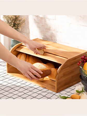 Doğal Bambu Sürgülü Kapaklı Geniş Ekmek Dolabı Hijyenik Ahşap Saklama Kutusu