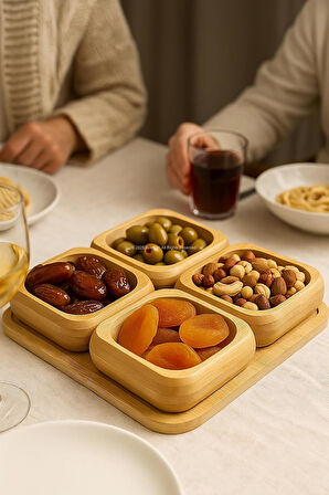 Doğal Bambu 4'lü Kare Bölmeli Çerezlik Seti Sunumluk Servis Tabağı Atıştırmalık Kase