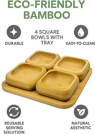 Doğal Bambu 4'lü Kare Bölmeli Çerezlik Seti Sunumluk Servis Tabağı Atıştırmalık Kase