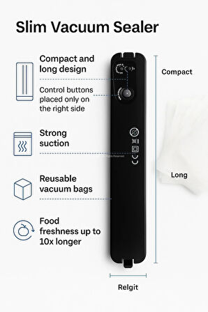 Vakumlu Gıda Mühürleme Makinesi Siyah 90W - Tazelik Koruma + 10 Adet Vakum Poşeti Hediyeli