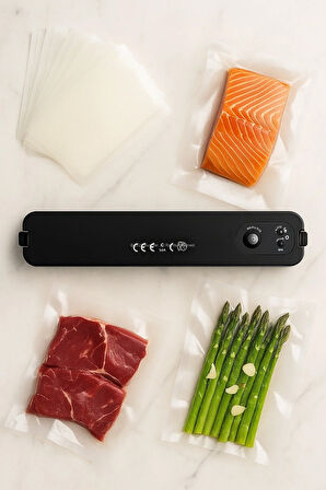 Vakumlu Gıda Mühürleme Makinesi Siyah 90W - Tazelik Koruma + 10 Adet Vakum Poşeti Hediyeli