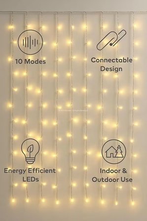 Perde Led Işık 3x3m 300 LED Uzaktan Kumandalı Sıcak Beyaz Dekoratif Aydınlatma