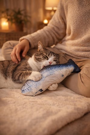interaktif Balık Şeklinde Kedi Oyuncağı - USB Şarjlı Mavi Beyaz Renkli Balık kedi oyuncağı
