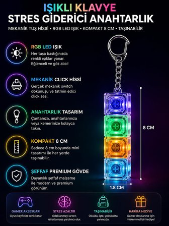 Işıklı Klavye Stres Giderici - RGB LED Işıklı Mekanik Tuşlu Şeffaf Tasarım Anahtarlık