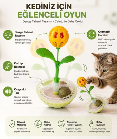 Kedi Oyuncağı Catnip Tumbler - Cıngıraklı, Denge Tabanlı İnteraktif Çiçek Tasarım