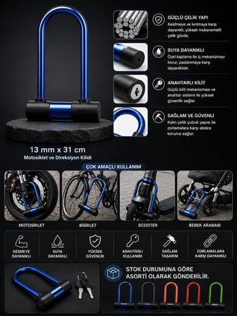13mm Çelik U Kilit Motosiklet Bisiklet Scooter Direksiyon Güvenlik Kilidi Anahtarlı 31cm
