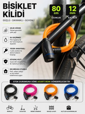 Bisiklet Kilidi 80 cm Uzunluk 12 mm Çelik Gövde Su Geçirmez PVC Kaplama ve Yedek Anahtarlı