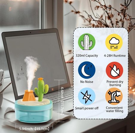 Manzara Temalı Hava Nemlendirici 320ml, USB ile Taşınabilir Sessiz Aroma Yayıcı (Kaktüs)