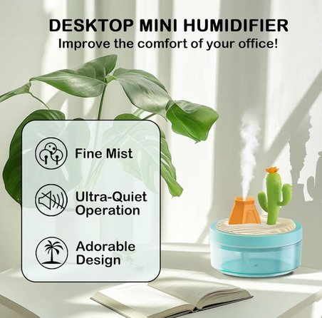 Manzara Temalı Hava Nemlendirici 320ml, USB ile Taşınabilir Sessiz Aroma Yayıcı (Kaktüs)