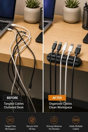 5 Kanallı Kablo Tutucu 3'lü Set | Masaüstü Şarj ve Mouse Kablosu Düzenleyici