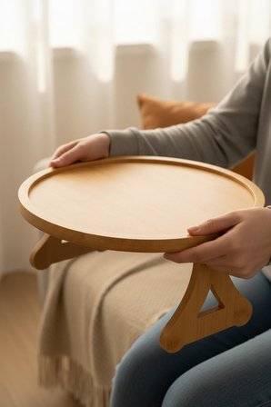 Yuvarlak Koltuk Yan Sehpa Katlanabilir Servis Tepsisi Ahşap Görünümlü