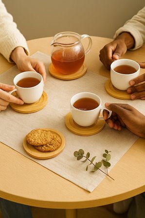 6 Adet Bambu Çay Bardak Tabağı, Yuvarlak Altlık Model, Fincan Ve Kupa Altlığı, Şık Ve Daya...