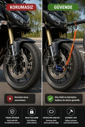 Motosiklet ve Scooter Disk Fren Kilidi Seti, Fosforlu Hatırlatma Kablosu ve Taşıma Kılıfı Dahil