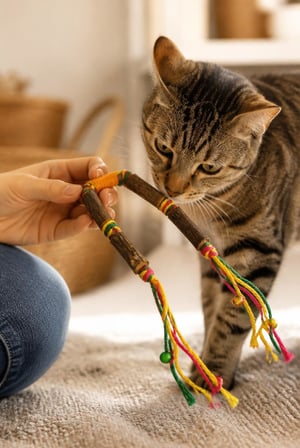 U Formlu 3 Parça Matatabi Kedi Oyuncağı, Pamuk İpli Doğal Ahşap Çubuk ve Zilli Renkli