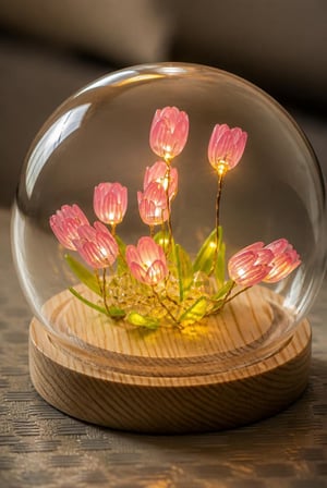 Işıklı Lale Cam Fanus Masa Lambası, Ahşap Tabanlı Dekoratif Lale Bahçesi, Masa Üstü ve Başucu Dekoru