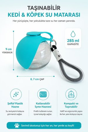 Taşınabilir Kedi Köpek Su Şişesi 285 ml Kompakt İçme Hazneli Suluk, Mavi