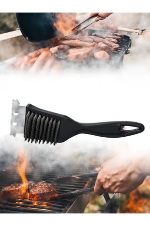 Paslanmaz Çelik Mangal Temizlik Fırçası, Metal Kazıyıcı Uçlu 2'si 1 Arada Ergonomik Saplı Barbekü