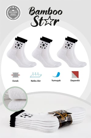 Kadın Yıldız Desenli Tabanı Havlu Tenis Çorabı 3 lü Beyaz Premium Çorap