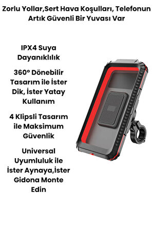 Su Geçirmez 360° Döner Motosiklet Telefon Tutucu – IPX4 Koruma, Sarsılmaz Kilit Sistemli, 5.5-6.8 İnç Evrensel Uyum